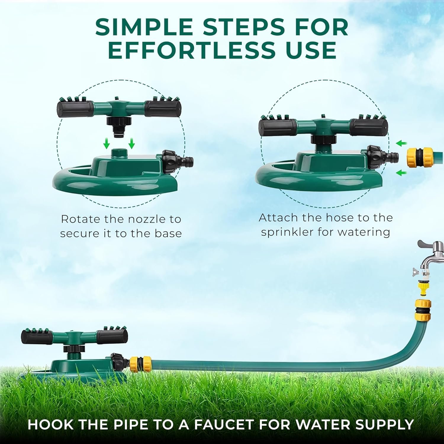 1 Pc Automatic 360 ° Rotating Adjustable Round 3 Arm Lawn Water Sprinkler for Watering Garden Plants/Pipe Hose Irrigation Yard Water Sprayer (Green) - Image 5