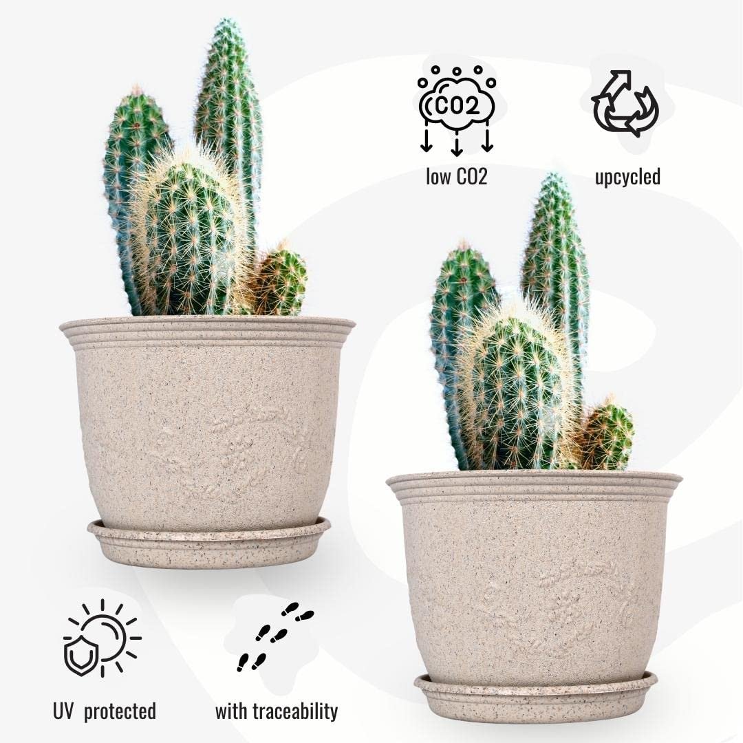 Set of 2 Earth-Friendly 8" Leafy Planters with Tray | Bamboo Based | UV Protected | Drainage Hole | Pots for Indoor, Outdoor, Balcony & Garden | Natural Sand Castle - Image 4