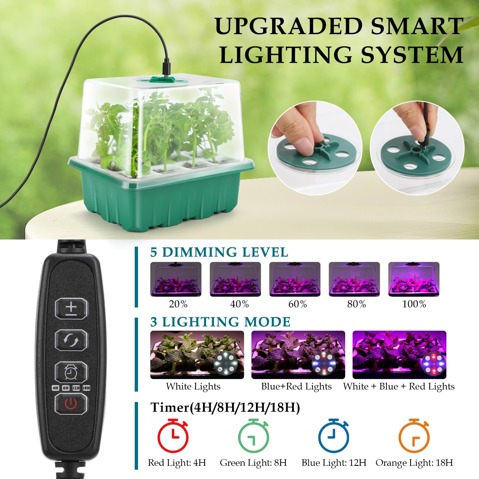 Seed Starter Tray with Grow Light, 60 Flexible Cells 5 PCS Seed Starter Kit, Reusable Seedling Starter Trays with Humidity Dome & High Lid, Germination Trays for Indoor Greenhouse Seed Starter - Image 3