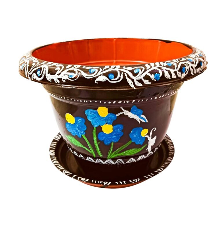 Decorative Terracotta Flower Pot with Hand-Painted Blue Flowers, Brown Base with White Trim, Garden Planter with Saucer