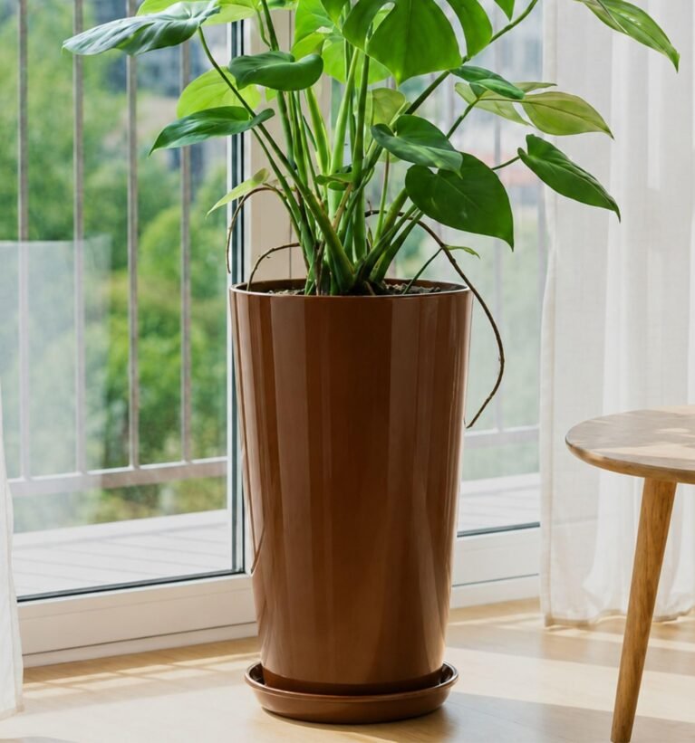 Qutub 18 Inch Tall Planter for Plants - Copper Finish Polymer Pot with Tray | UV Treated, Lightweight & Durable Big Floor Planter for Living Room, Balcony, Garden, Office Decor