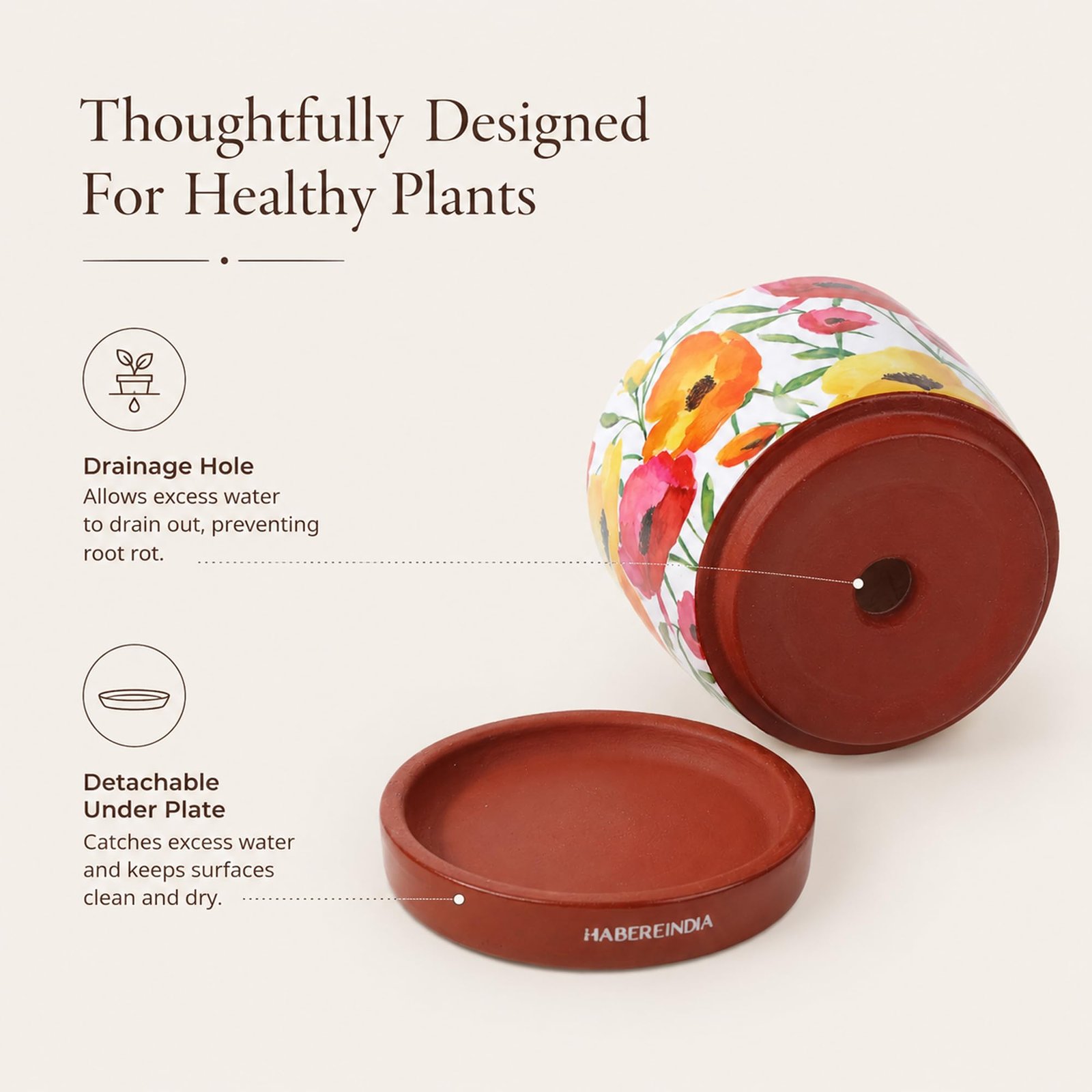Floral Poppy Print Terracotta Planter with Saucer | Hand Painted Indoor Plant Pot | Breathable Clay Pot with Drainage Hole (Multi: L11 x W11 x H10 cm) - Image 5