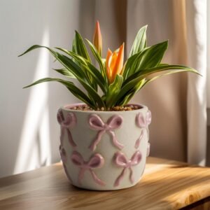 Ceramic Flower Pots for Indoor and Outdoor Plants, Succulent Orchid Round Clay and Terracotta Planter for Garden Home Modern Decoration 5.3 Inch (Pink Bow, Without Saucers)