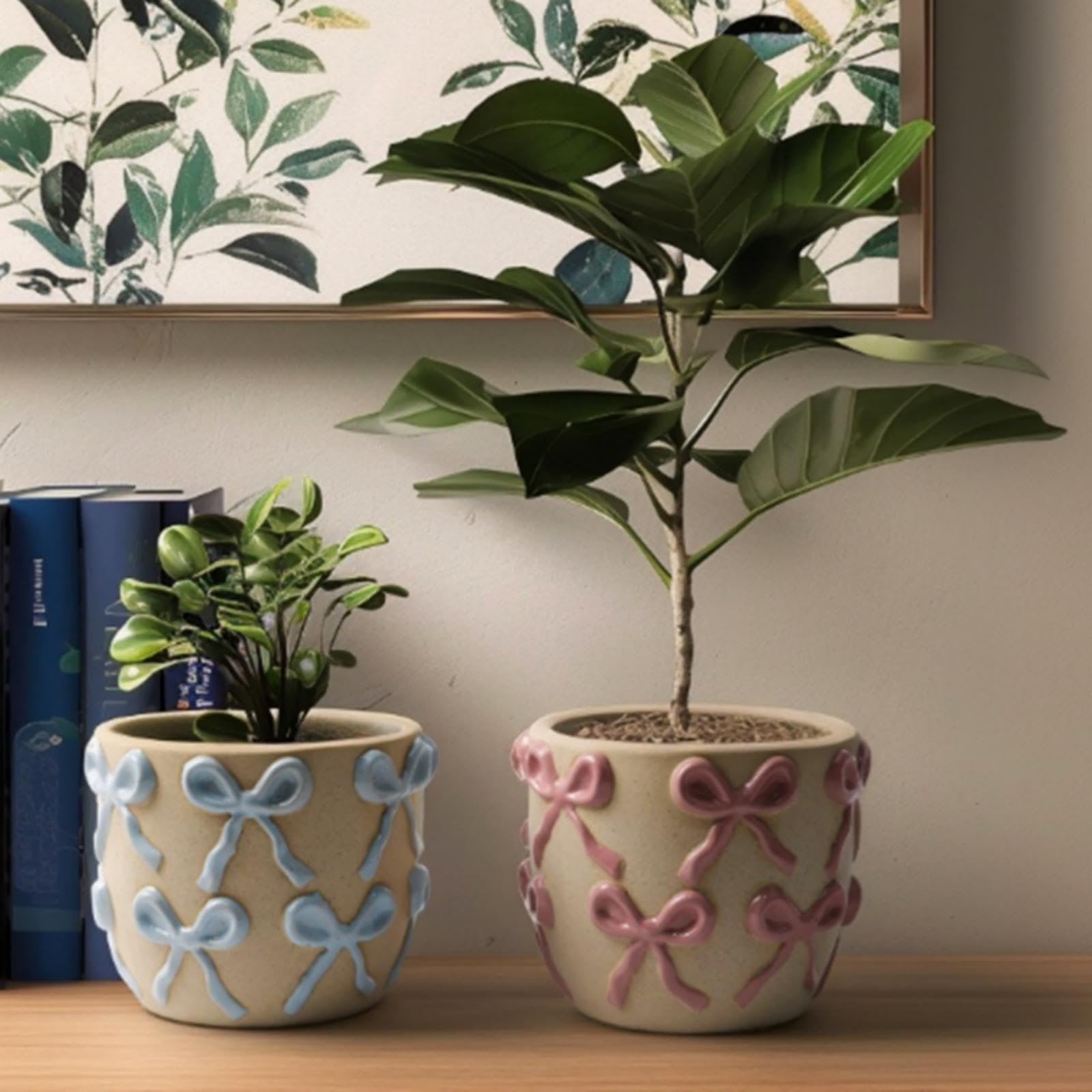 Ceramic Flower Pots for Indoor and Outdoor Plants, Succulent Orchid Round Clay and Terracotta Planter for Garden Home Modern Decoration 5.3 Inch (Pink Bow, Without Saucers) - Image 5