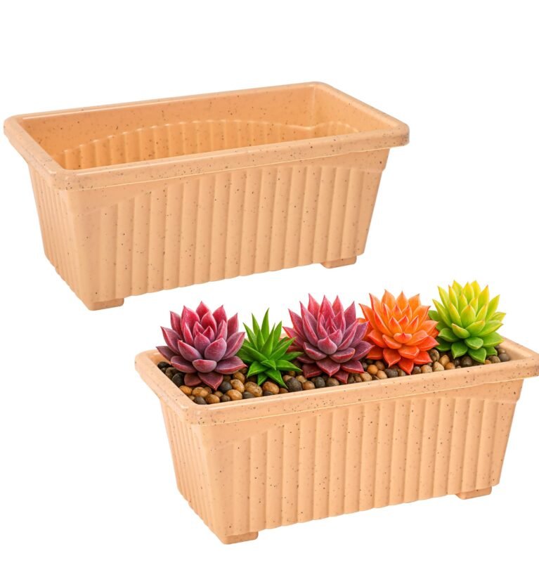 2 Pcs Rectangular Plastic Flower Pot Planter | Indoor Outdoor Balcony Window Garden Pot for Home and Office Decor | Marble Jupitar - Beige