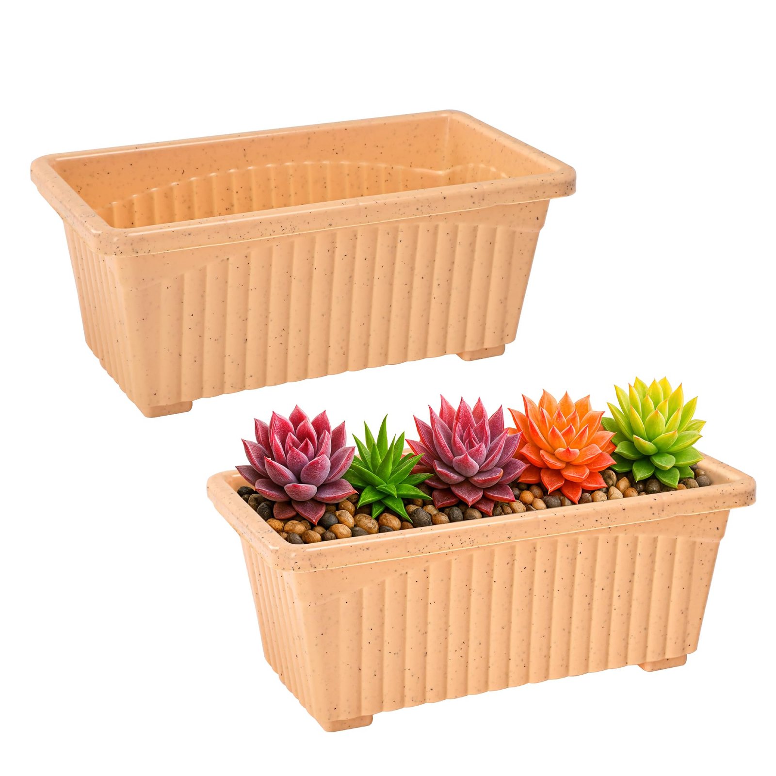 2 Pcs Rectangular Plastic Flower Pot Planter | Indoor Outdoor Balcony Window Garden Pot for Home and Office Decor | Marble Jupitar - Beige
