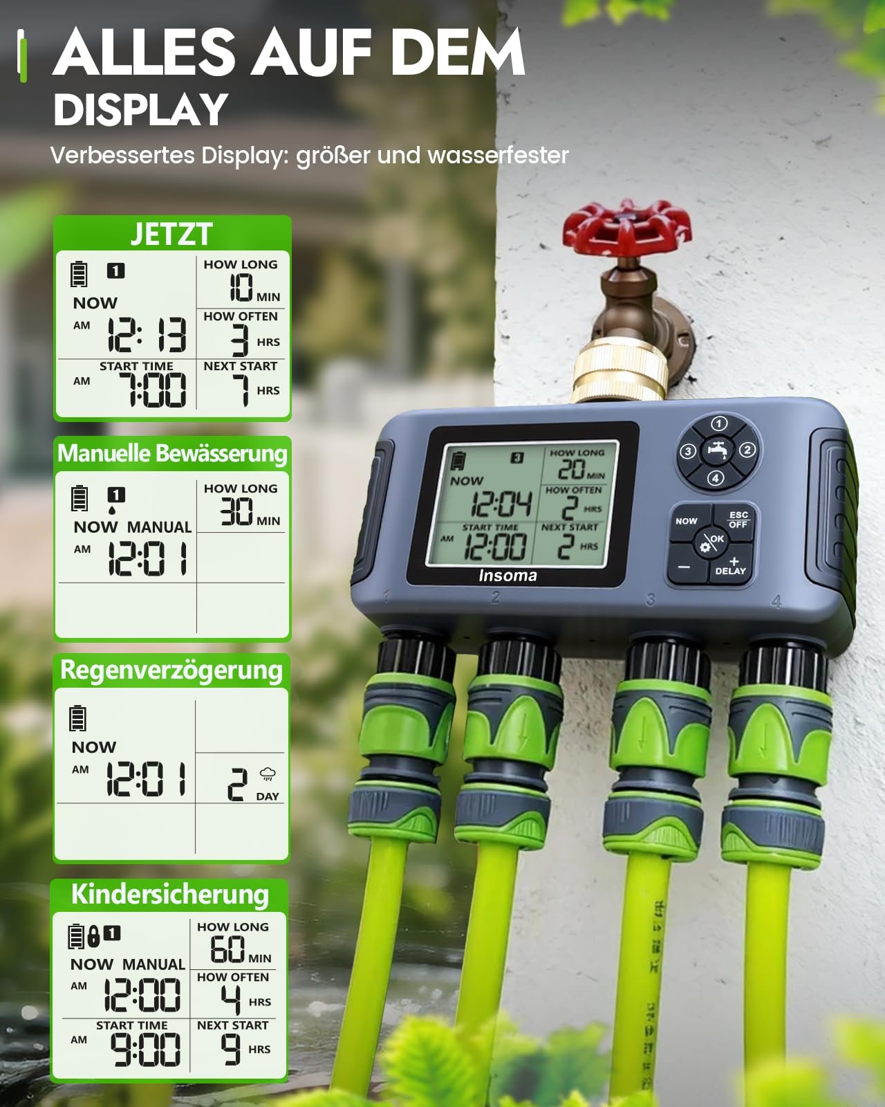 4-Zone Water Timer with Brass Inlet, Automatic Garden Hose Timer with Manual/Rain Delay & Large Display, IPX5 Waterproof Faucet Timers for Sprinkler System, Yard, Lawn, Greenhouse - Image 6