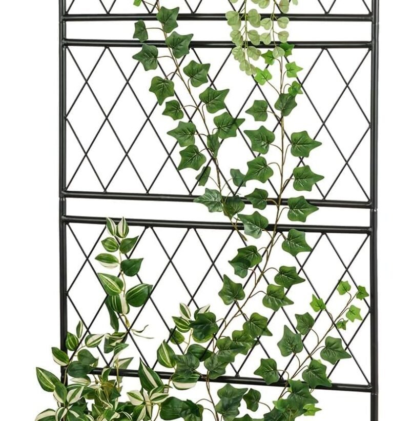 58129 Classic 4.5 ft Tall Garden Trellis Stand for Climbing Plants, Wall Mounted or Freestanding Black Metal Wire Diamond Lattice Plant Support Frame with Bottom Tray Planter Holder