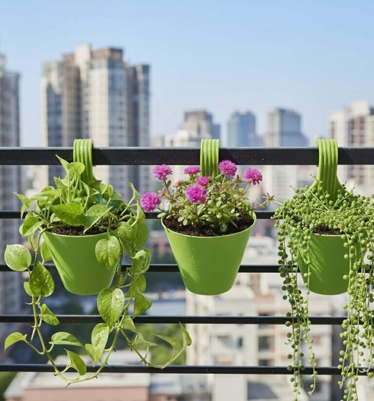 Plastic Hanging Planter for Plants, Railing Flower Pots, Pot Diameter (22 cm), Pot Height (17 cm) (Set of 3)(Green)