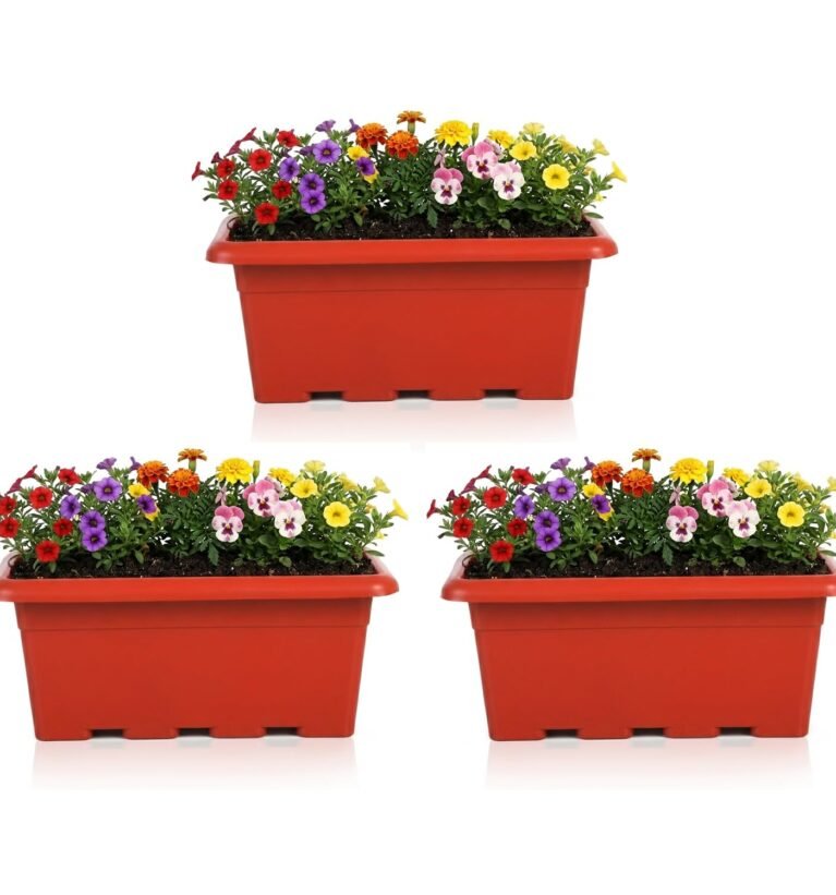  20 Inch Rectangular Planter, Set of 3 |UV Resistant Plastic Flower Pot for Balcony Railing, Window Sill & Terrace Garden | Rectangular Indoor & Outdoor Plant Pot, Terra Red