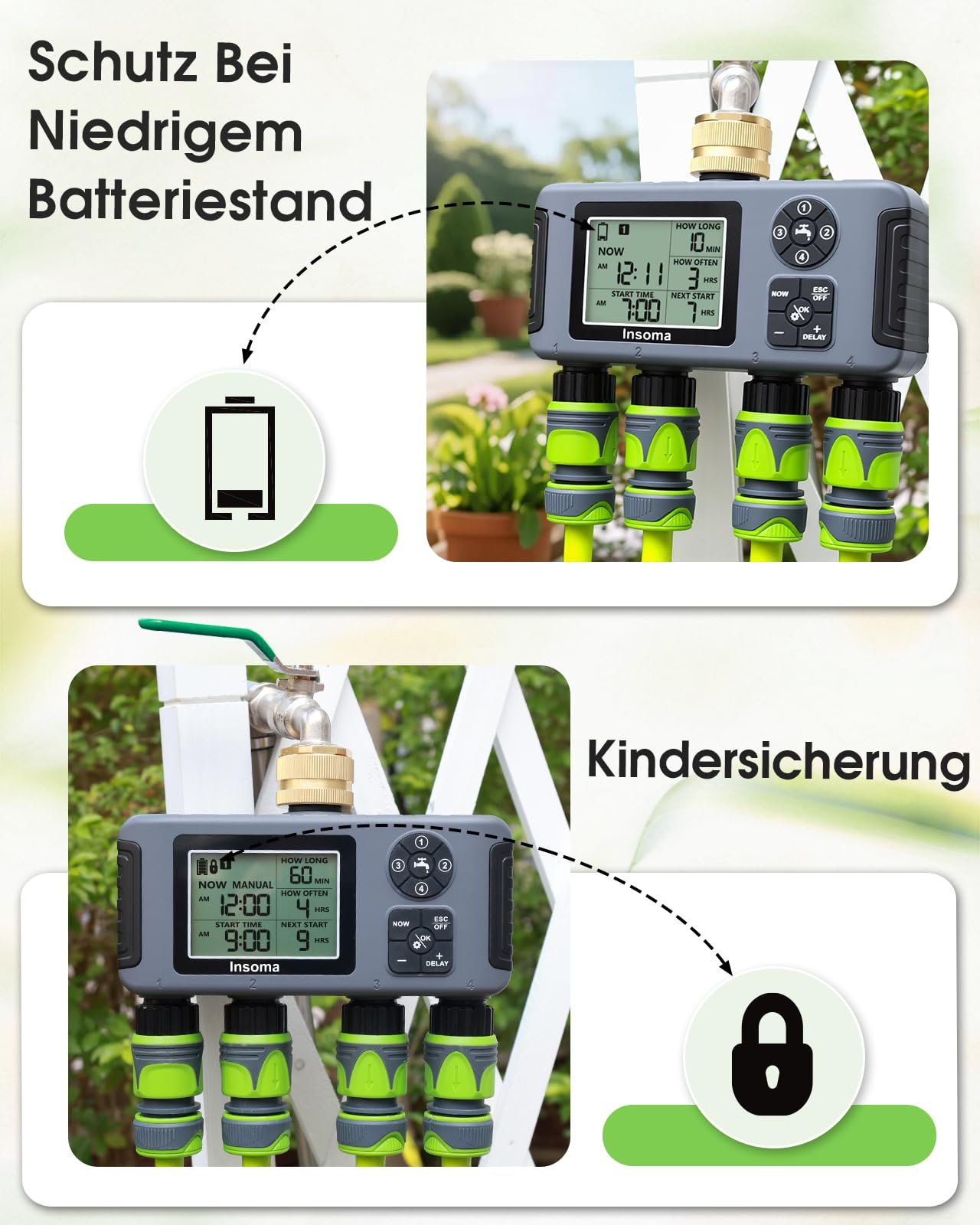 4-Zone Water Timer with Brass Inlet, Automatic Garden Hose Timer with Manual/Rain Delay & Large Display, IPX5 Waterproof Faucet Timers for Sprinkler System, Yard, Lawn, Greenhouse - Image 7