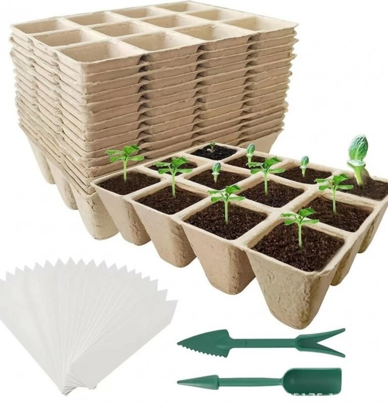 12 Cell Seedling Trays, Biodegradable Paper Pulp Pots, Plant Propagation Trays with Gardening Labels, Small Garden Tools Included Introductory Kit with 12-Hole