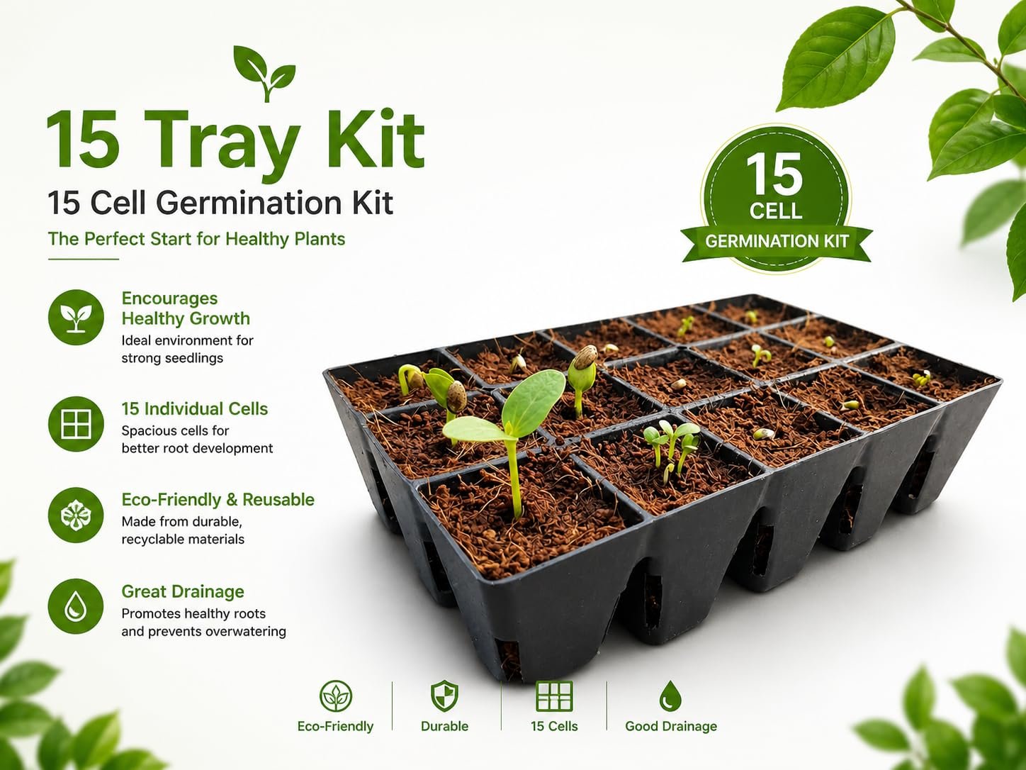 Seedling Tray for Germination and Seedling, Saffron Grow Tray, 15 Cells/pots | Pack of 1 Tray | Reusable, Square, Black - Image 6