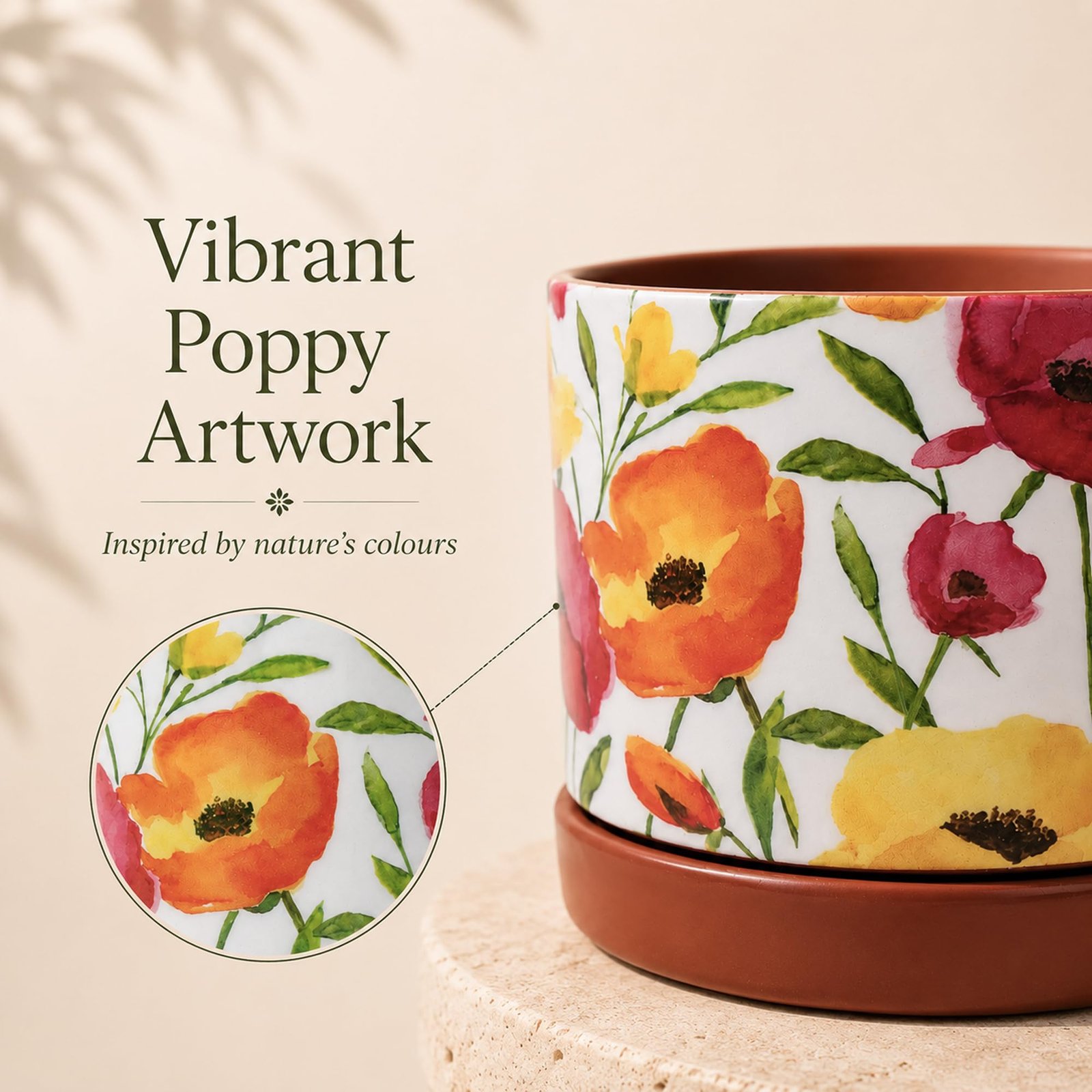 Floral Poppy Print Terracotta Planter with Saucer | Hand Painted Indoor Plant Pot | Breathable Clay Pot with Drainage Hole (Multi: L11 x W11 x H10 cm) - Image 3