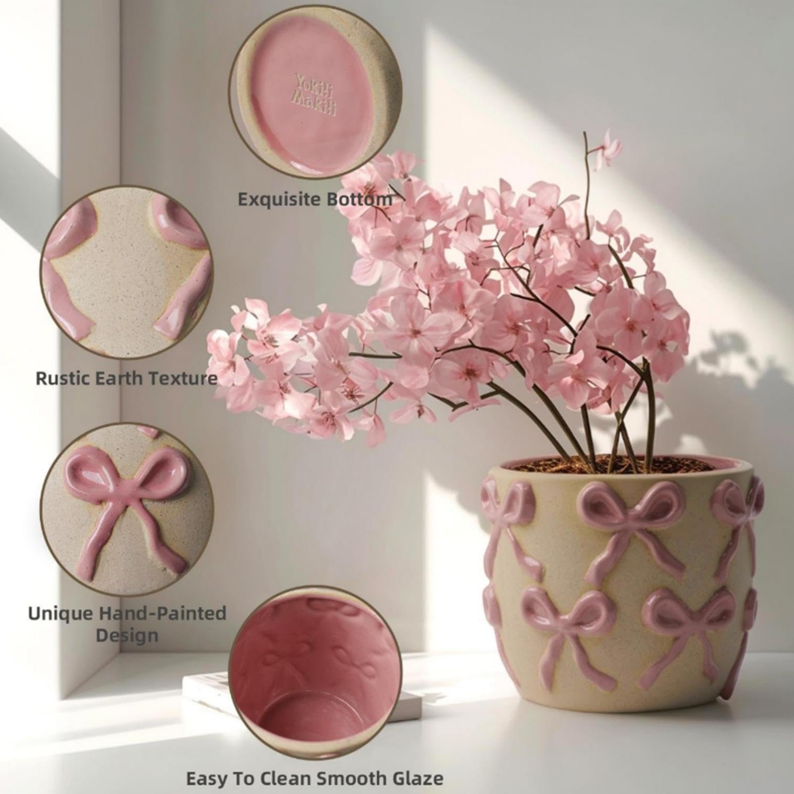 Ceramic Flower Pots for Indoor and Outdoor Plants, Succulent Orchid Round Clay and Terracotta Planter for Garden Home Modern Decoration 5.3 Inch (Pink Bow, Without Saucers) - Image 3
