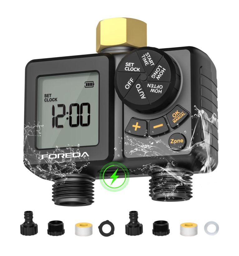 2 Outlet Rechargeable Sprinkler Timer, Brass Inlet, Programmable Irrigation Water Timers for Garden Hose with Rain Delay/Manual/Auto Modes, 2 Zone Water Hose Timer for Garden, Lawn, Yard, Pool