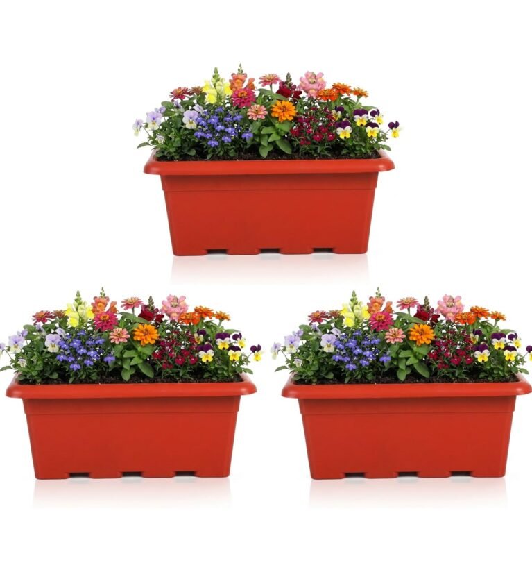  24 Inch Rectangular Planter, Set of 3 |UV Resistant Plastic Flower Pot for Balcony Railing, Window Sill & Terrace Garden | Rectangular Indoor & Outdoor Plant Pot, Terra Red