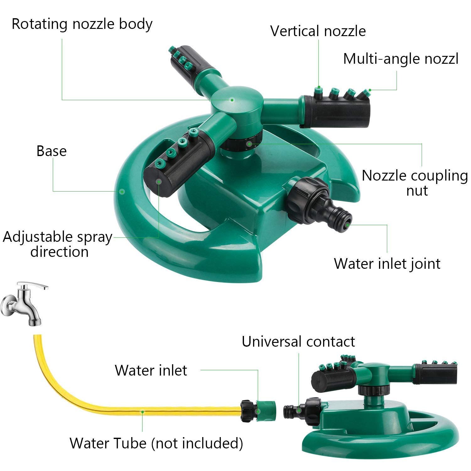 1 Pc Automatic 360 ° Rotating Adjustable Round 3 Arm Lawn Water Sprinkler for Watering Garden Plants/Pipe Hose Irrigation Yard Water Sprayer (Green) - Image 3