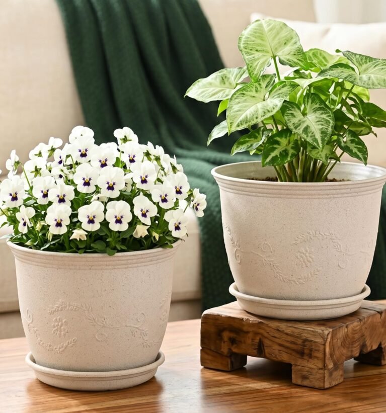 Set of 2 Earth-Friendly 8" Leafy Planters with Tray | Bamboo Based | UV Protected | Drainage Hole | Pots for Indoor, Outdoor, Balcony & Garden | Natural Sand Castle