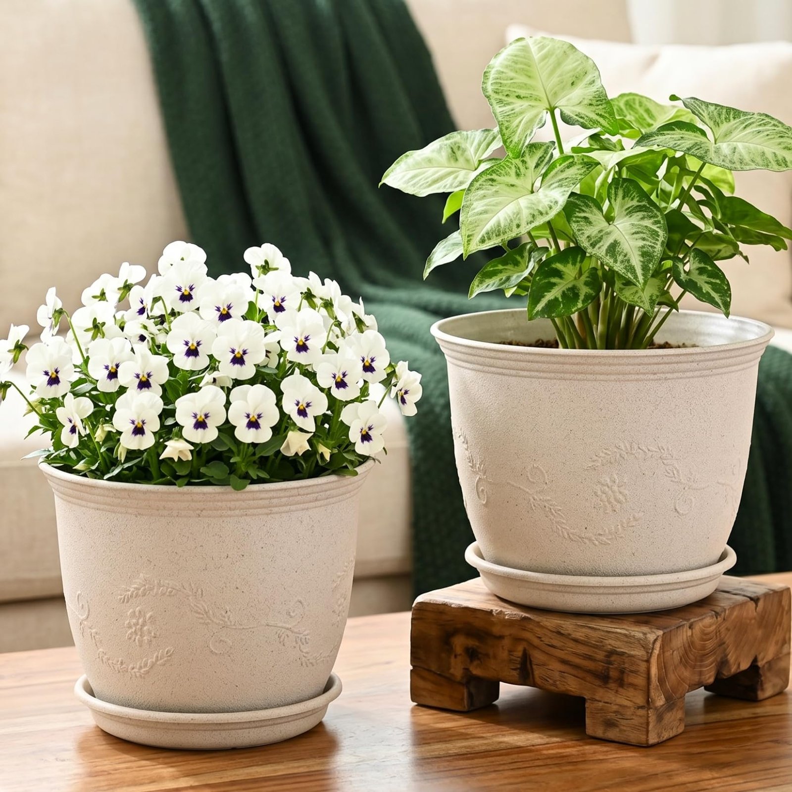 Set of 2 Earth-Friendly 8" Leafy Planters with Tray | Bamboo Based | UV Protected | Drainage Hole | Pots for Indoor, Outdoor, Balcony & Garden | Natural Sand Castle