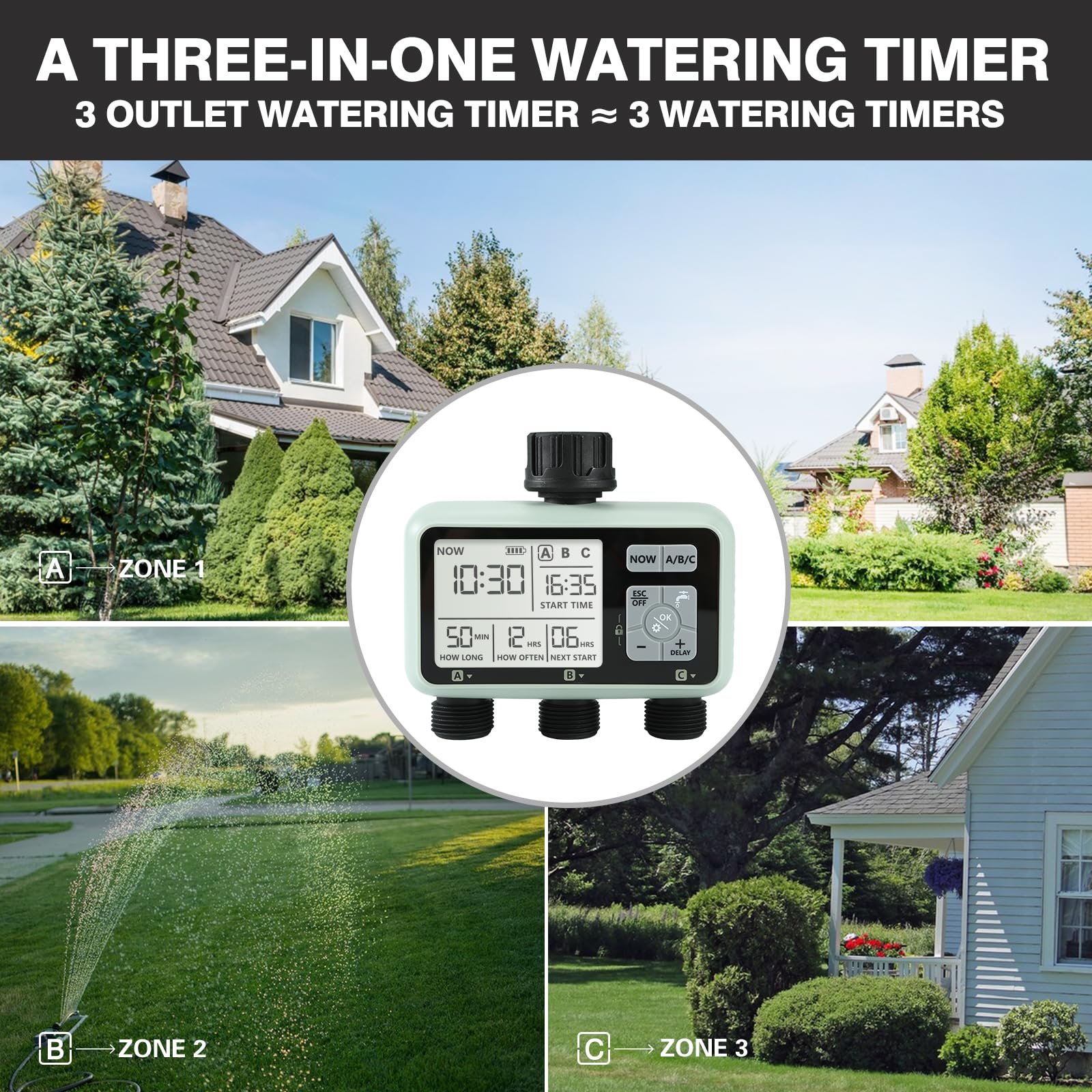 Water Timer Irrigation System,3 Outlets Water Sprinkler Timer Lawn & Garden Watering Equipment/Automatic Watering System/IPX5 Waterproof/Child Lock Mode/Sprinklers for Lawns - Image 5