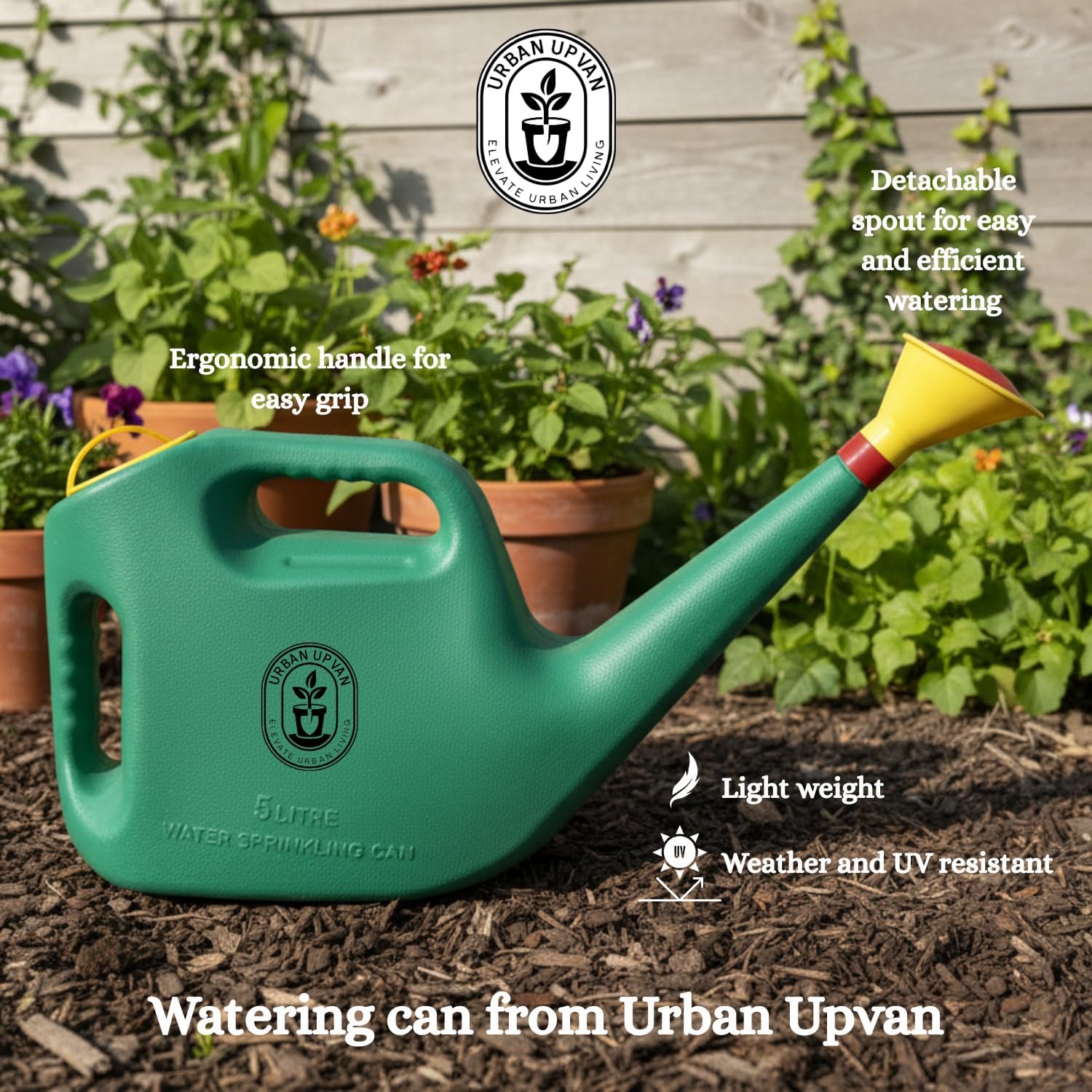 Urban Upvan Plastic Watering Can 5L | Ergonomic Handle for Comfortable Grip | Fade Resistant, Lightweight & Easy to Use | Durable | Includes Sprinkler Spout | Green - Image 2