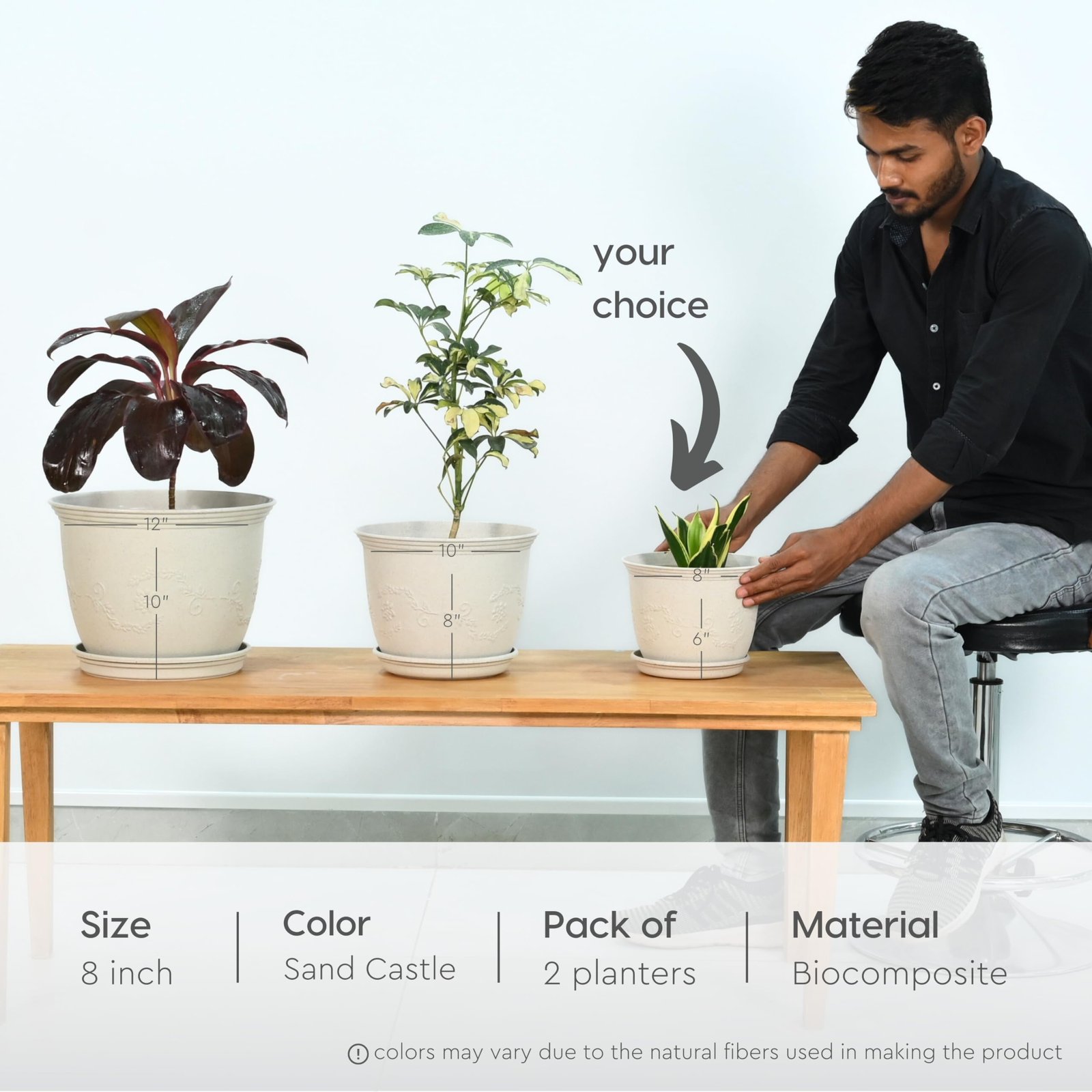 Set of 2 Earth-Friendly 8" Leafy Planters with Tray | Bamboo Based | UV Protected | Drainage Hole | Pots for Indoor, Outdoor, Balcony & Garden | Natural Sand Castle - Image 2