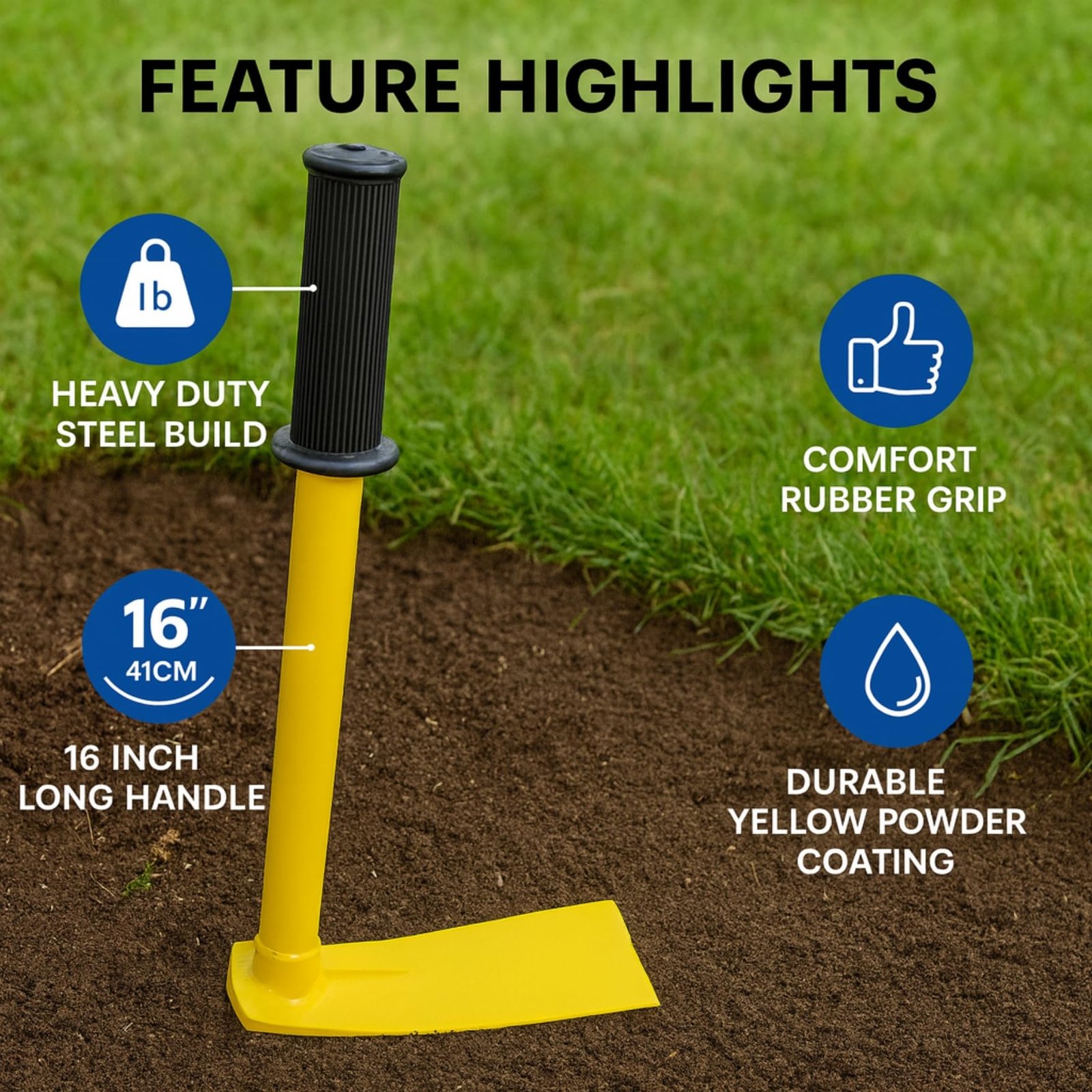 Heavy Duty Garden Hand Hoe with 16 inches Handle, Gardening Tool for Easy Soil Cultivation & Weeding, Comfort Grip Handle Phawda, Agriculture Equipment for Home Farm Lands (GT020, Yellow) - Image 4