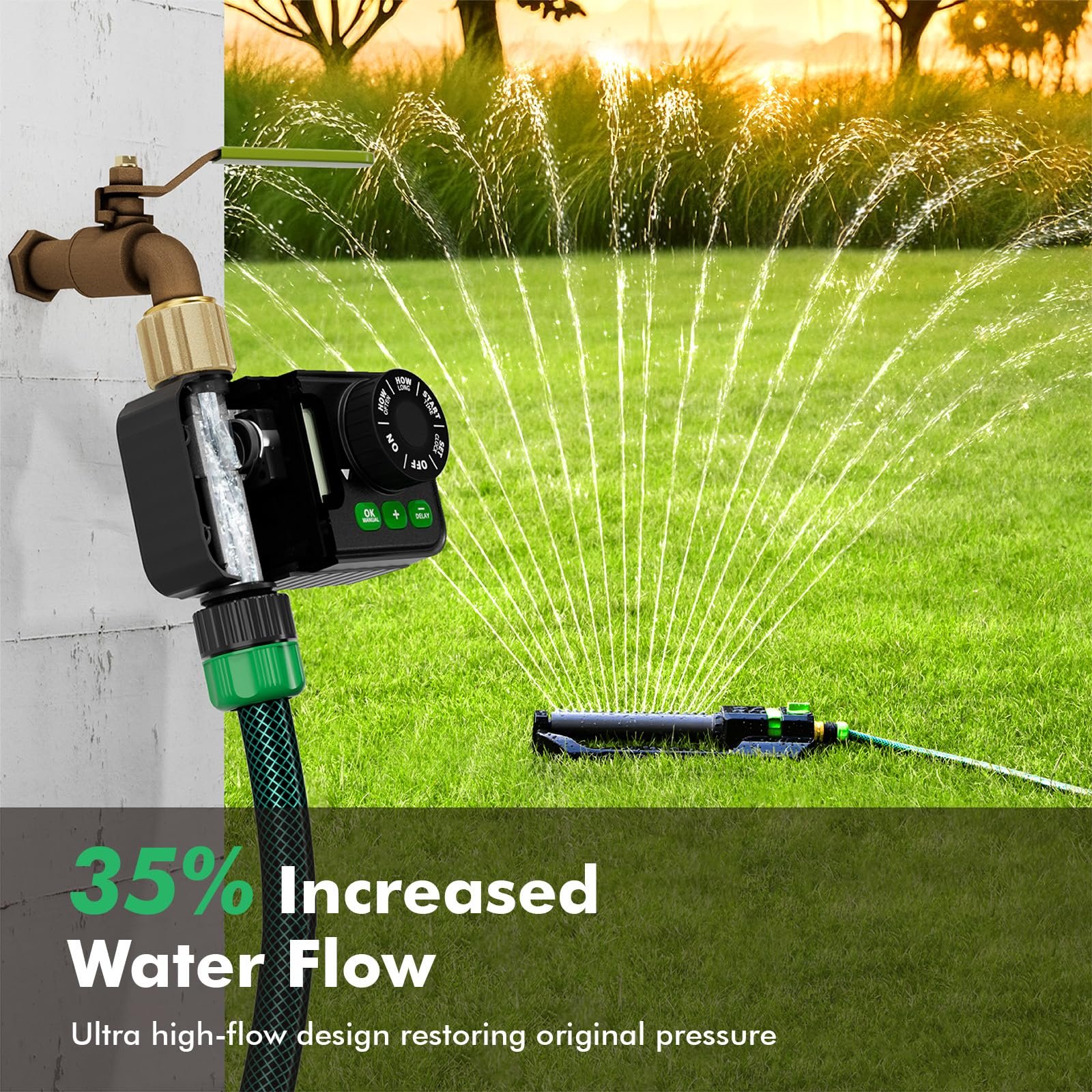 Sprinkler Timer for Outdoor Hose Faucet, Up to 11h59m Programmable Watering Timer for Soaker Hose, Filling, Misting with Brass Inlet & Large Dial, Rain Delay/Manual/Automatic Irrigation System - Image 7