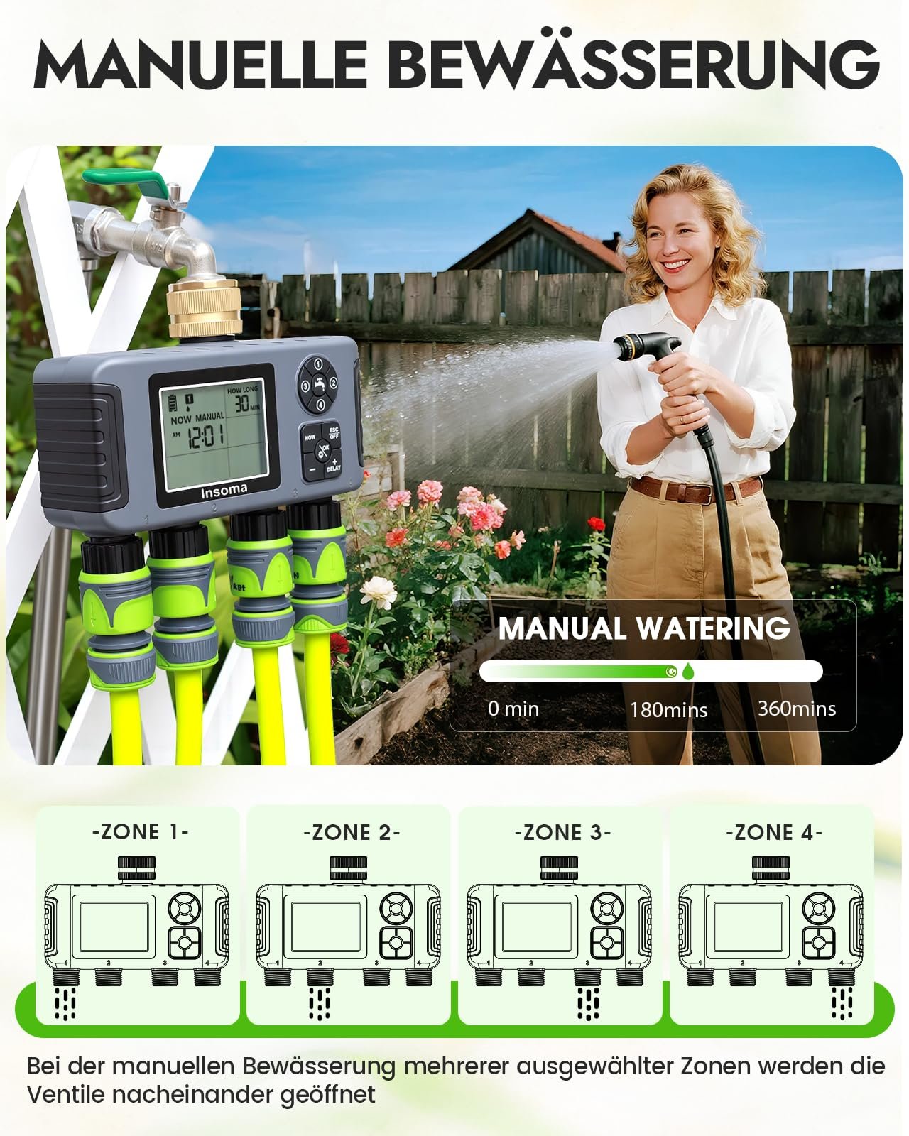 4-Zone Water Timer with Brass Inlet, Automatic Garden Hose Timer with Manual/Rain Delay & Large Display, IPX5 Waterproof Faucet Timers for Sprinkler System, Yard, Lawn, Greenhouse - Image 4