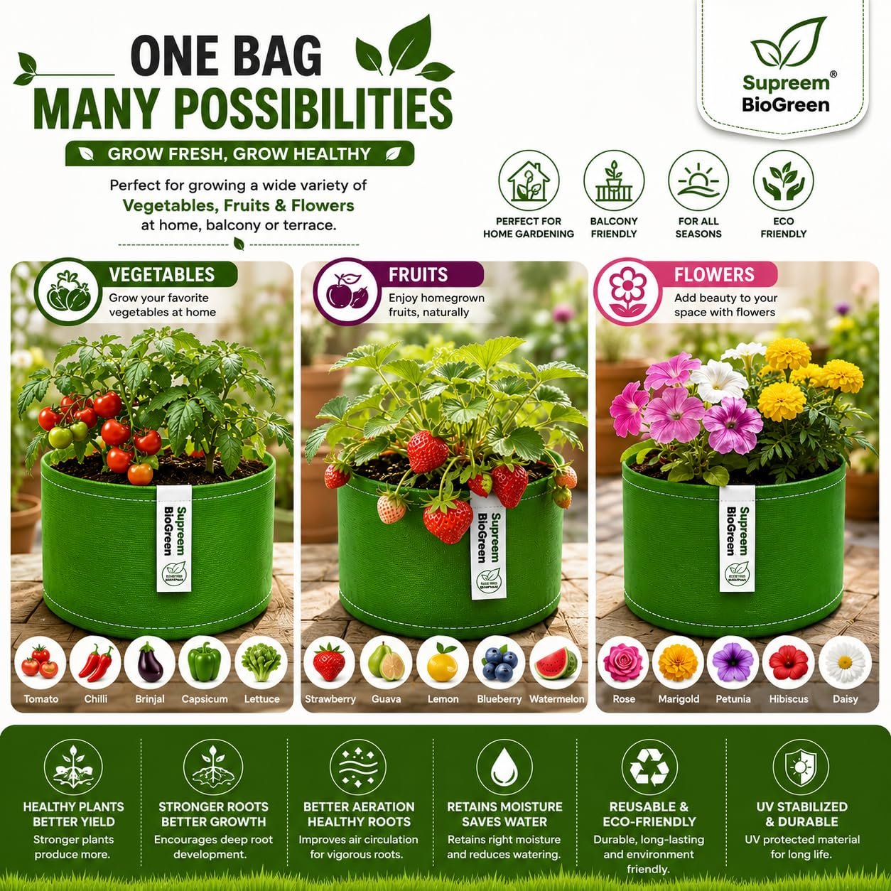 Industries HDPE Grow Bags 9 x 9 Pack of 5 | Heavy Duty Fabric Grow Bags for Terrace, Balcony & Home Gardening - Image 9