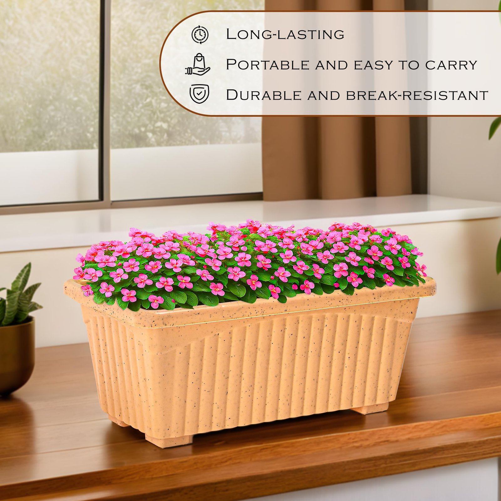 2 Pcs Rectangular Plastic Flower Pot Planter | Indoor Outdoor Balcony Window Garden Pot for Home and Office Decor | Marble Jupitar - Beige - Image 4