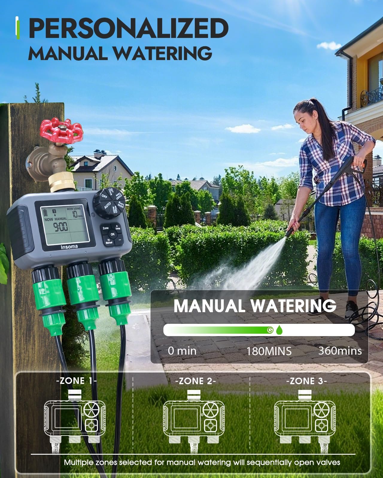 3-Zone Sprinkler Timer with Brass Inlet + IPX5 Waterproof | Programmable Auto/Manual Irrigation Mode with Rain Delay & Large LCD | Water Hose Timer 3 Outlets for Garden, Lawn, Yard, Pool - Image 5