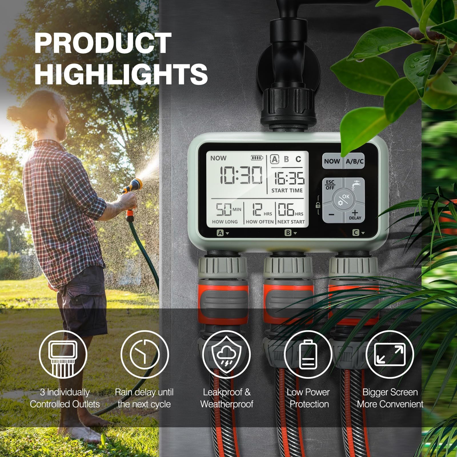 Water Timer Irrigation System,3 Outlets Water Sprinkler Timer Lawn & Garden Watering Equipment/Automatic Watering System/IPX5 Waterproof/Child Lock Mode/Sprinklers for Lawns - Image 3