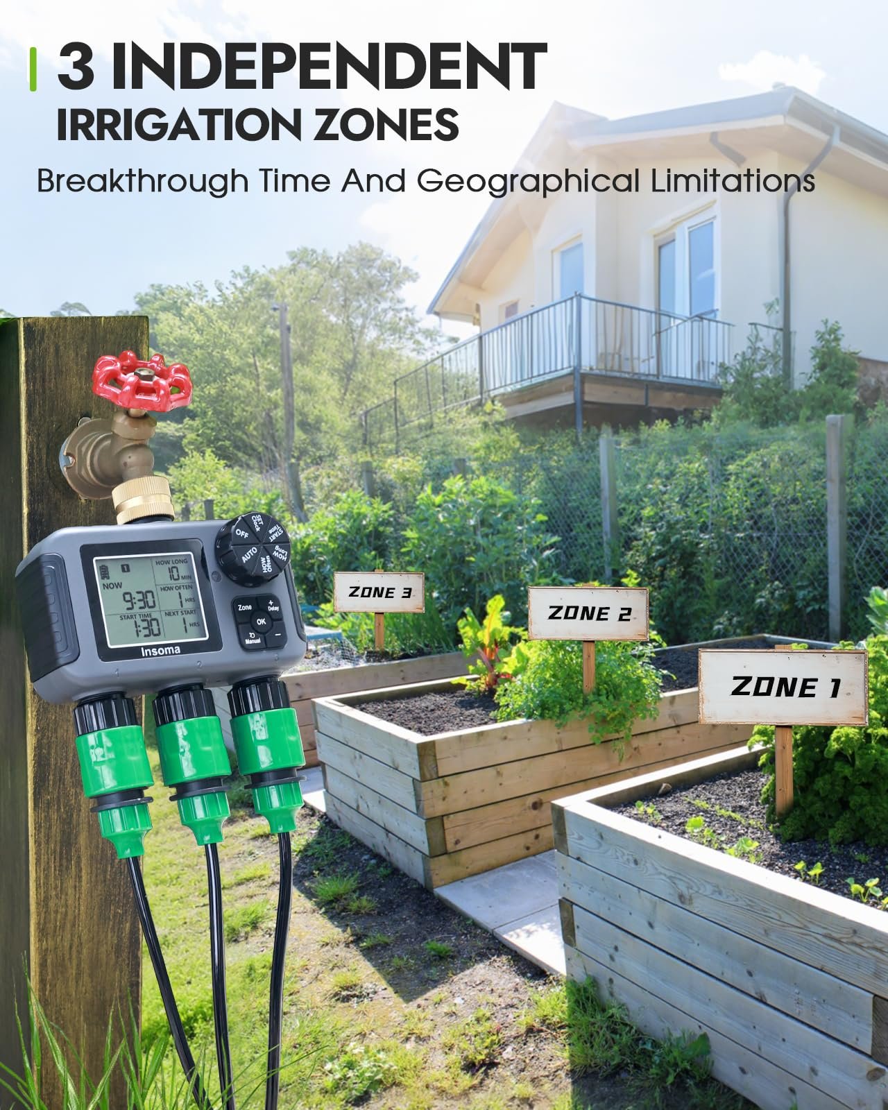 3-Zone Sprinkler Timer with Brass Inlet + IPX5 Waterproof | Programmable Auto/Manual Irrigation Mode with Rain Delay & Large LCD | Water Hose Timer 3 Outlets for Garden, Lawn, Yard, Pool - Image 3