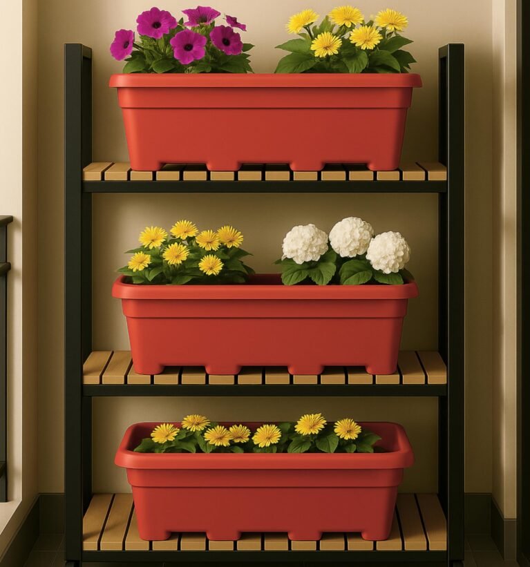 17 inch Pack of 3 Rectangular Planters, Durable UV Treated Balcony planters, Indoor & Outdoor- Flower pots for Balcony,Red Plant Pot with Drainage Holes