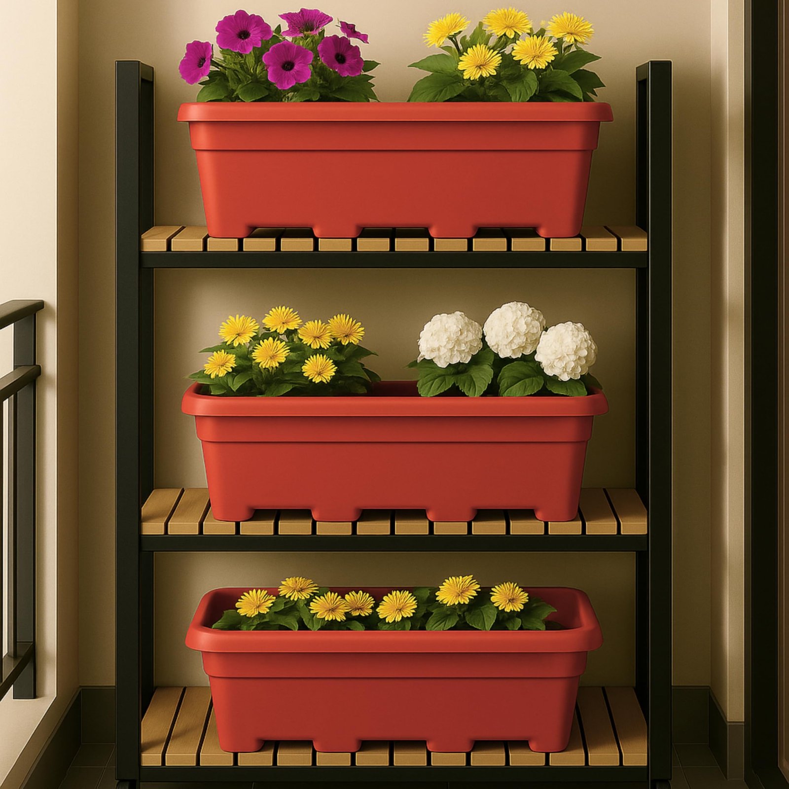 17 inch Pack of 3 Rectangular Planters, Durable UV Treated Balcony planters, Indoor & Outdoor- Flower pots for Balcony,Red Plant Pot with Drainage Holes