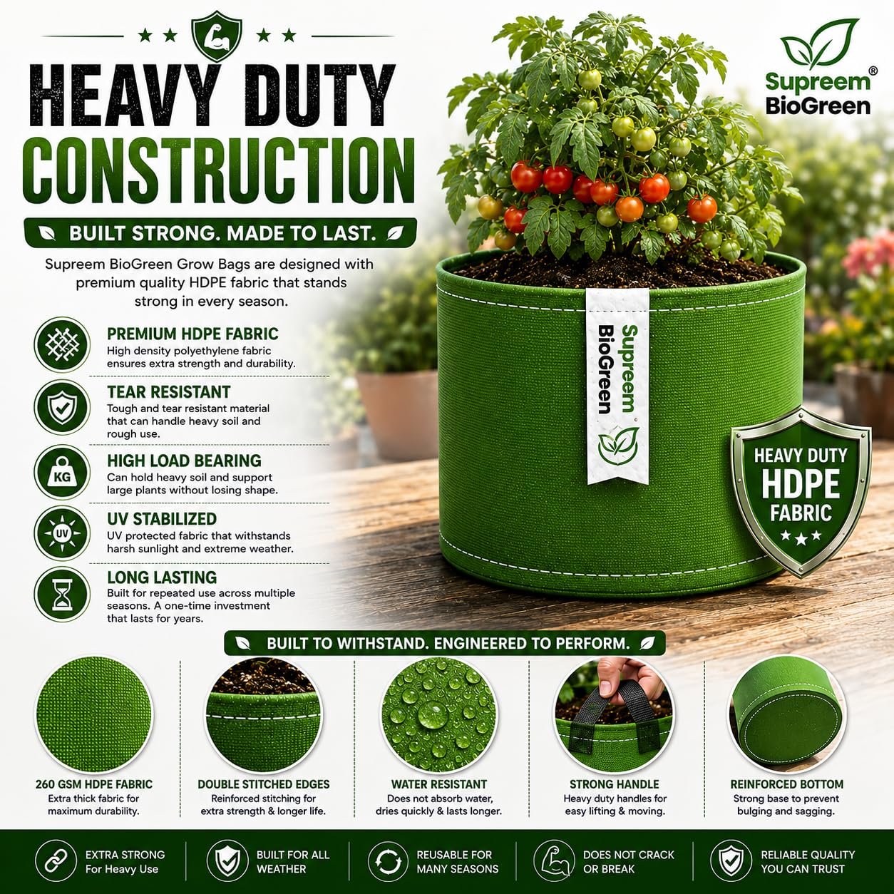 Industries HDPE Grow Bags 9 x 9 Pack of 5 | Heavy Duty Fabric Grow Bags for Terrace, Balcony & Home Gardening - Image 6