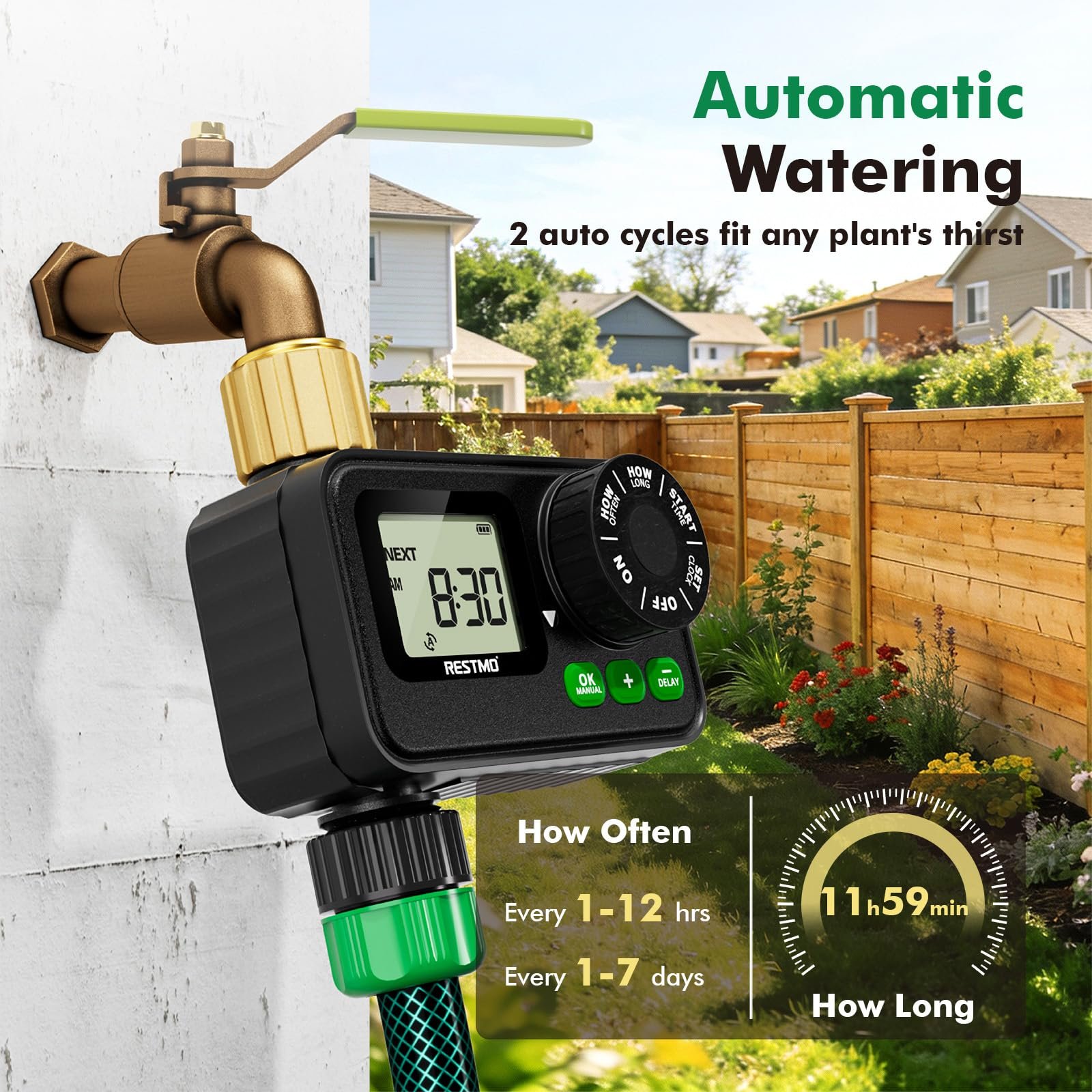 Sprinkler Timer for Outdoor Hose Faucet, Up to 11h59m Programmable Watering Timer for Soaker Hose, Filling, Misting with Brass Inlet & Large Dial, Rain Delay/Manual/Automatic Irrigation System - Image 2