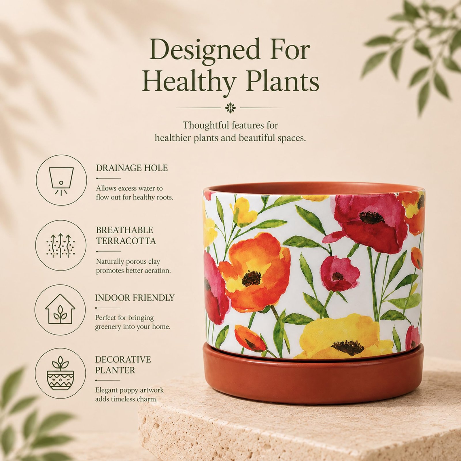 Floral Poppy Print Terracotta Planter with Saucer | Hand Painted Indoor Plant Pot | Breathable Clay Pot with Drainage Hole (Multi: L11 x W11 x H10 cm) - Image 4
