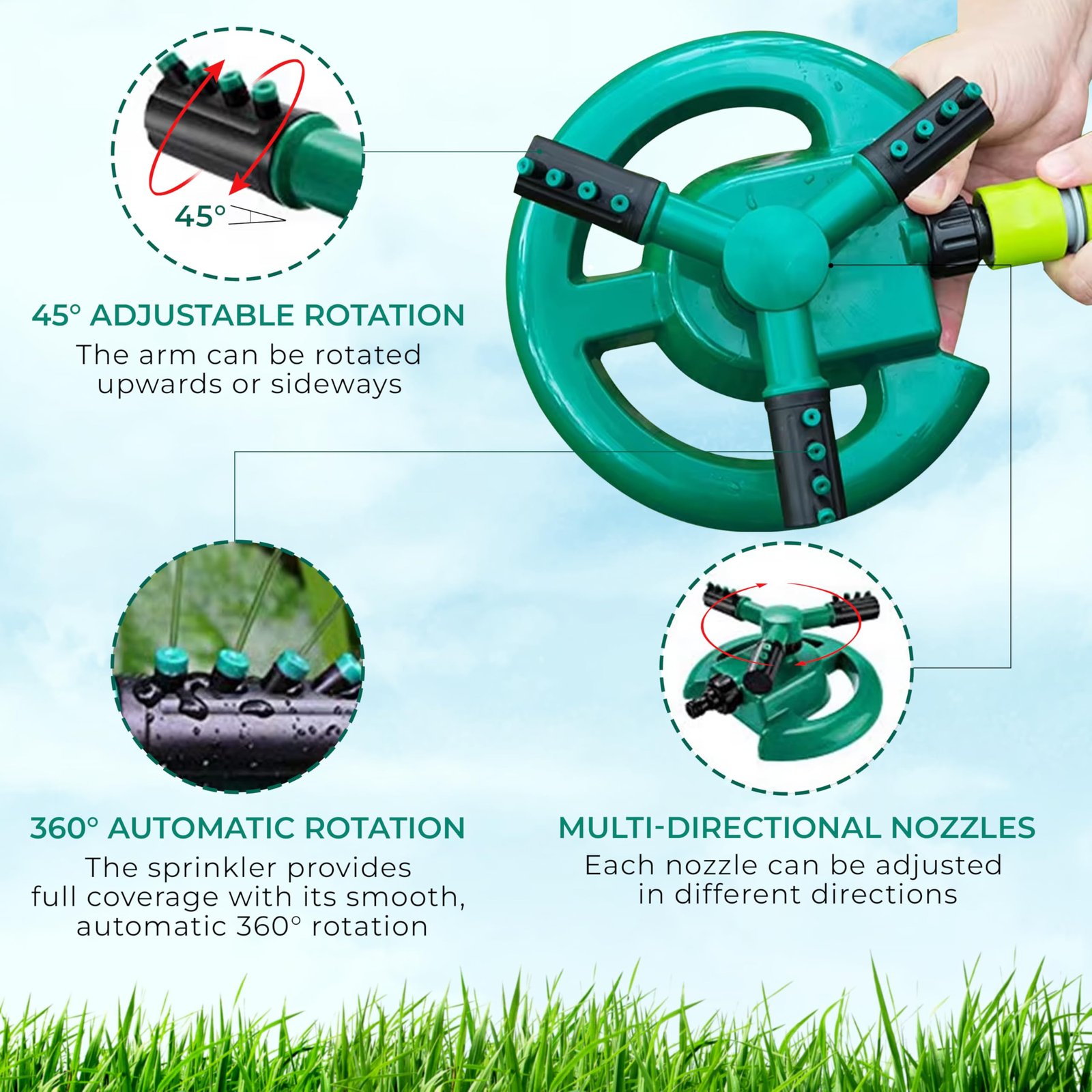 ROOTS & LEAF 360 Automatic Rotating Garden Sprinkler with 45 Adjustable Arms | Durable ABS Material | Coverage up to 32 Feet | for Efficient Watering in Gardens and Lawns (Pack of 1) - Image 3