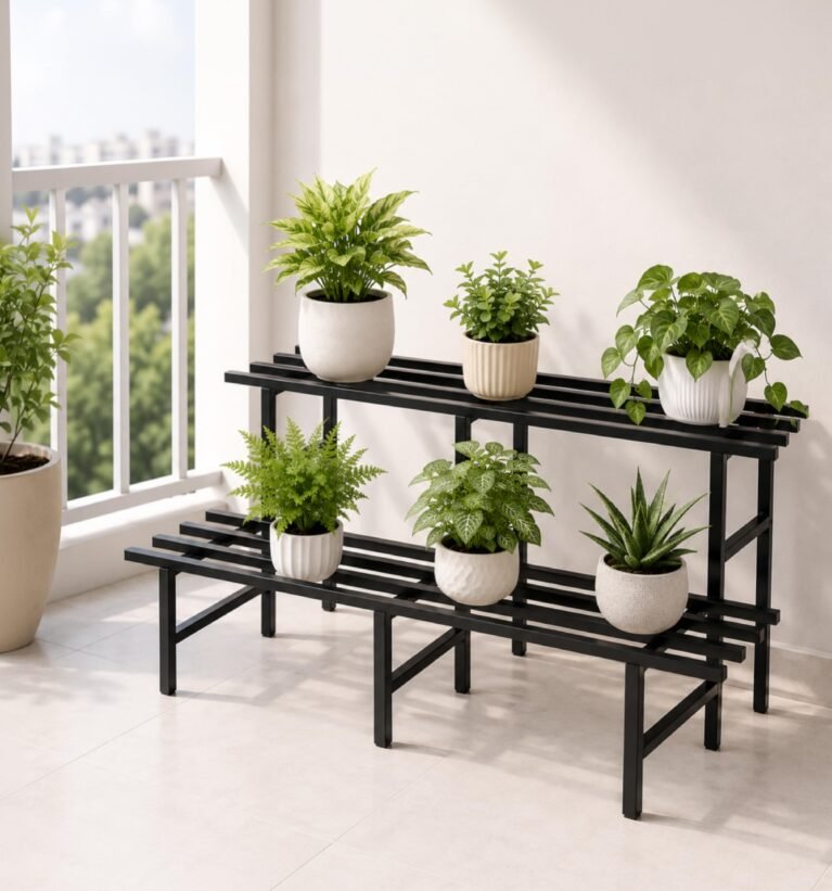 2 Tier Metal Plant Stand | Heavy-Duty Plant Rack with Powder-Coated Metal Frame | Stable 6-Leg Design | Supports Up to 300 kg | Convertible Plant Stand for Balcony, Garden & Office
