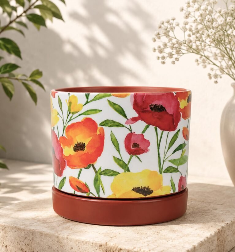 Floral Poppy Print Terracotta Planter with Saucer | Hand Painted Indoor Plant Pot | Breathable Clay Pot with Drainage Hole (Multi: L11 x W11 x H10 cm)