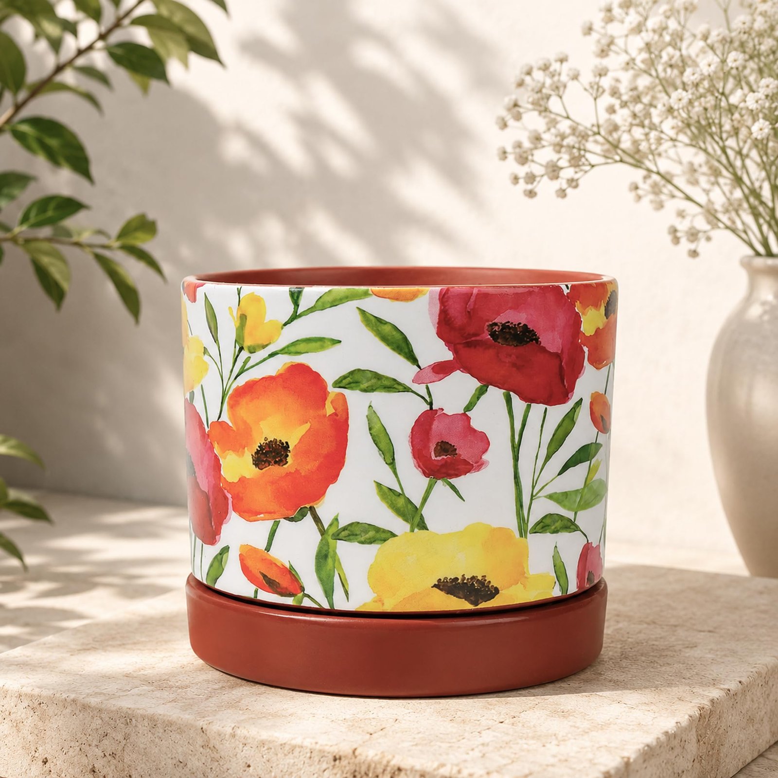 Floral Poppy Print Terracotta Planter with Saucer | Hand Painted Indoor Plant Pot | Breathable Clay Pot with Drainage Hole (Multi: L11 x W11 x H10 cm)