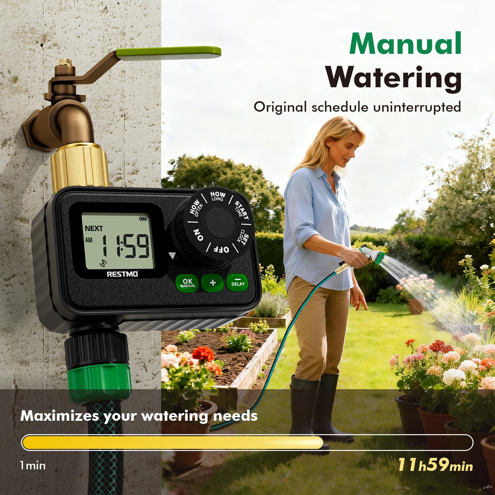 Sprinkler Timer for Outdoor Hose Faucet, Up to 11h59m Programmable Watering Timer for Soaker Hose, Filling, Misting with Brass Inlet & Large Dial, Rain Delay/Manual/Automatic Irrigation System - Image 3