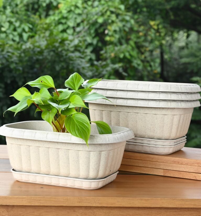 Earth Friendly Growlite 13 inch Pots for Plants with Tray | Bamboo Based Plant Pots | Pack of 4 | UV Protected Planters for Home Decor Indoor, Outdoor, Balcony & Garden Flower pots | Sand Castle