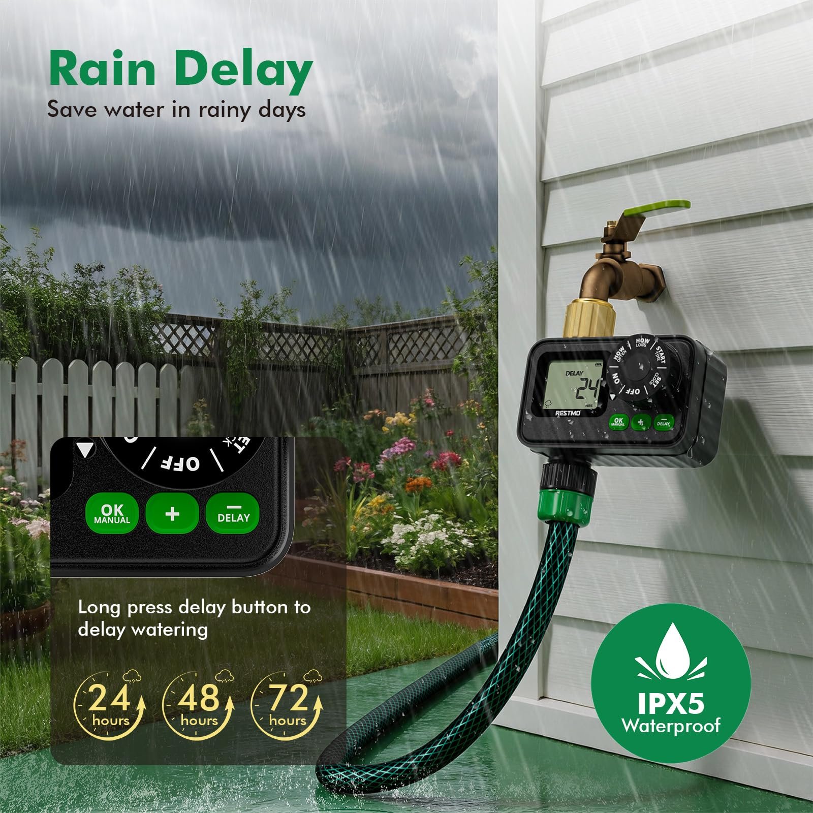 Sprinkler Timer for Outdoor Hose Faucet, Up to 11h59m Programmable Watering Timer for Soaker Hose, Filling, Misting with Brass Inlet & Large Dial, Rain Delay/Manual/Automatic Irrigation System - Image 4