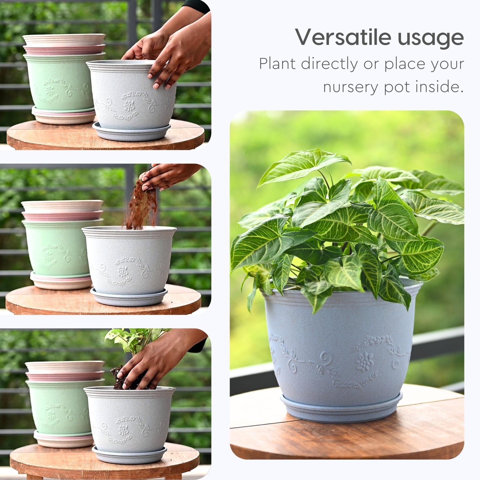 Earth Friendly 8" Leafy Planter with Tray Made with Rice Husk, 2 Units - Image 5